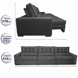 Sofá Retrátil e Reclinável 4,12m com Molas Ensacadas Optimus Tecido Velupluma Preto