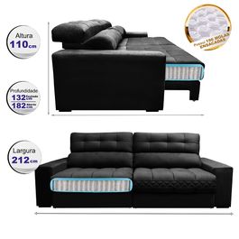 Sofá Retrátil e Reclinável 2,12m com Molas Ensacadas Selectus Tecido Velupluma Preto