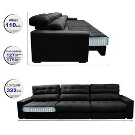 Sofá Retrátil e Reclinável 3,22m com Molas Ensacadas Selectus Tecido Velupluma Preto