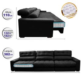 Sofá Retrátil e Reclinável 3,82m com Molas Ensacadas Selectus Tecido Velupluma Preto