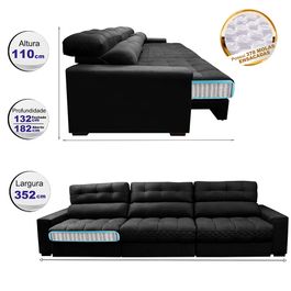 Sofá Retrátil e Reclinável 3,52m com Molas Ensacadas Selectus Tecido Velupluma Preto