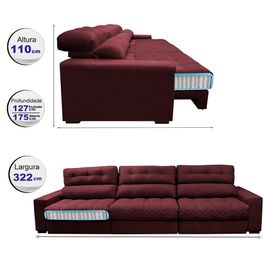 Sofá Retrátil e Reclinável 3,22m com Molas Ensacadas Selectus Tecido Velupluma Vinho