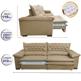 Sofá Retrátil e Reclinável 2,12m Molas Ensacadas Tronnus Espuma Viscoelástico Bege