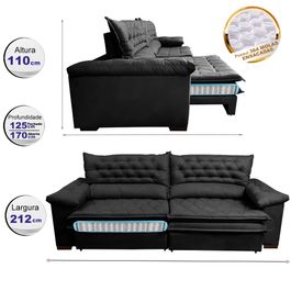 Sofá Retrátil e Reclinável 2,12m Molas Ensacadas Tronnus Espuma Viscoelástico Preto