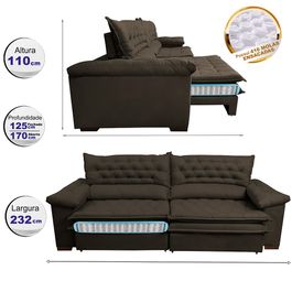 Sofá Retrátil e Reclinável 2,32m Molas Ensacadas Tronnus Espuma Viscoelástico Café