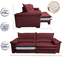 Sofá Retrátil e Reclinável 2,52m Molas Ensacadas Tronnus Espuma Viscoelástico Vinho