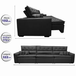 Sofá Retrátil e Reclinável 3,22m Agnus com Molas no Assento Velupluma Preto