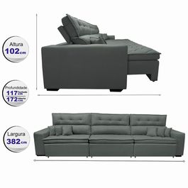 Sofá Retrátil e Reclinável 3,82m Agnus com Molas no Assento Suede Velupluma Cinza