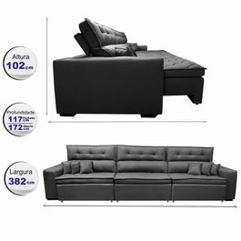 Sofá Retrátil e Reclinável 3,82m Agnus com Molas no Assento Suede Velupluma Preto