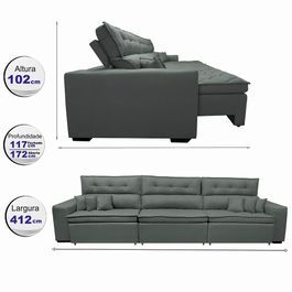 Sofá Retrátil e Reclinável 4,12m Agnus com Molas no Assento Suede Velupluma Cinza