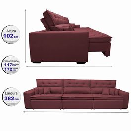 Sofá Retrátil e Reclinável 3,82m Agnus com Molas no Assento Suede Velupluma Vinho