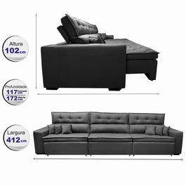 Sofá Retrátil e Reclinável 4,12m Agnus com Molas no Assento Suede Velupluma Preto