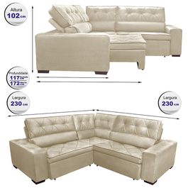 Sofa de Canto Retrátil e Reclinável com Molas Agnus 2,30m x 2,30m Suede Velupluma Bege