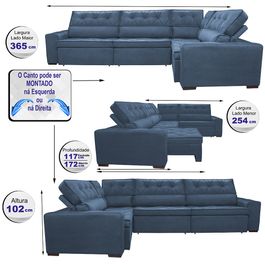 Sofa de Canto Retrátil e Reclinável com Molas Agnus 3,65X2,54 ou 2,54X3,65 Suede Velupluma Azul