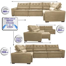 Sofa de Canto Retrátil e Reclinável com Molas Agnus 3,85X2,64 ou 2,64X3,85 Suede Velupluma Castor