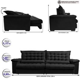Sofá Retrátil e Reclinável 2,95m Molas Ensacadas Sofá inBox Grand Space com Bordado 3D Velupluma Preto