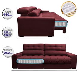 Sofá Retrátil e Reclinável 2,52m com Molas Ensacadas Selectus Tecido Velupluma Vinho