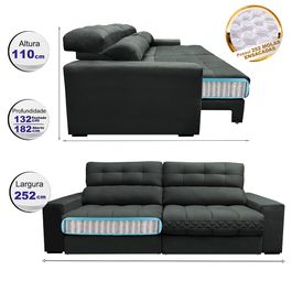 Sofá Retrátil e Reclinável 2,52m com Molas Ensacadas Selectus Tecido Velupluma Cinza