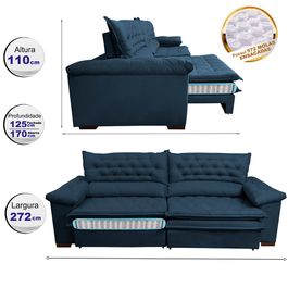 Sofá Retrátil e Reclinável 2,72m Molas Ensacadas Tronnus Espuma Viscoelástico Azul