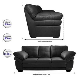 Sofá de Couro Legítimo 3 Lugares 2,10m Sofá inBox Mont Leather Preto