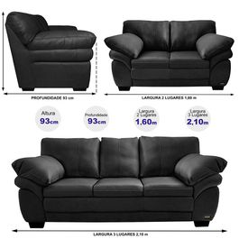 Conjunto Sofá de Couro Legítimo 3 e 2 Lugares Sofá inBox Mont Leather 2,10x1,60m Preto