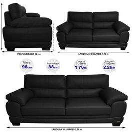 Conjunto Sofá de Couro Legítimo 3 e 2 Lugares Sofá inBox Don Leather 2,26x1,76m Preto
