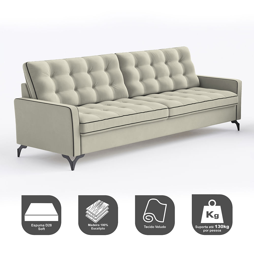 Sofá Living Dublin 2,40m com Molas Bonnel Suede Veludo Cáqui
