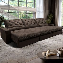 Sofá Retrátil e Reclinável 3,85m Molas Ensacadas Sofá inBox Grand Luxor com Bordado 3D Velupluma Café