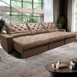 Sofá Retrátil e Reclinável 3,85m Molas Ensacadas Sofá inBox Grand Luxor com Bordado 3D Velupluma Castor