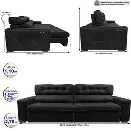 Sofá de Couro Elétrico Retrátil 2,75m Sofá inBox Grand Valley SoftGel D40 Preto