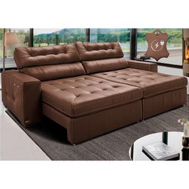 Sofá de Couro Elétrico Retrátil 2,15m Sofá inBox Grand ValleySoftGel D40 Caramelo