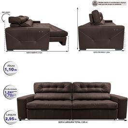 Sofá de Couro Elétrico Retrátil 2,95m Sofá inBox Grand Valley SoftGel D40 Marrom