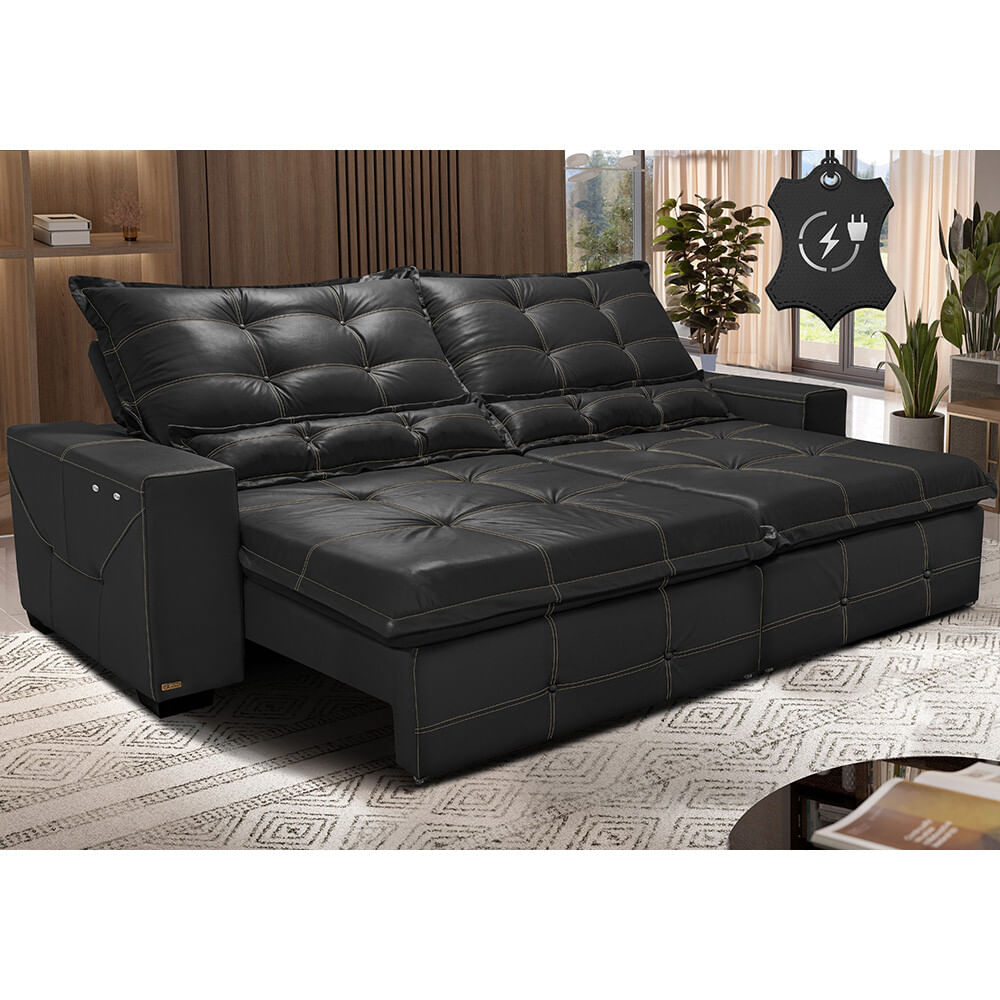 Sofá de Couro Elétrico 3,15m Preto - Grand Toretto