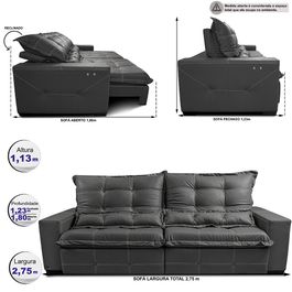 Sofá de Couro Elétrico Retrátil 2,75m Sofá inBox Grand Toretto SoftGel D40 Cinza