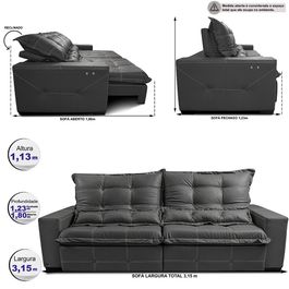 Sofá de Couro Elétrico Retrátil 3,15m Sofá inBox Grand Toretto SoftGel D40 Cinza