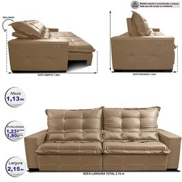 Sofá de Couro Elétrico Retrátil 2,15m Sofá inBox Grand Toretto SoftGel D40 Bege