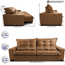 Sofá de Couro Elétrico Retrátil 3,15m Sofá inBox Grand Toretto SoftGel D40 Mel