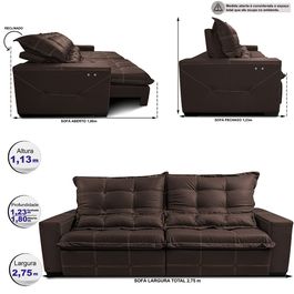 Sofá de Couro Elétrico Retrátil 2,75m Sofá inBox Grand Toretto SoftGel D40 Marrom