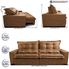 Sofá de Couro Legítimo Retrátil e Reclinável 2,55m Sofá inBox Toretto SoftGel D40 Mel