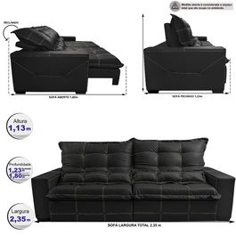 Sofá de Couro Legítimo Retrátil e Reclinável 2,35m Sofá inBox Toretto SoftGel D40 Preto