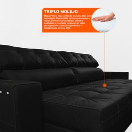Sofá de Couro Elétrico Retrátil 2,55m Molas Ensacadas Sofá inBox Grand Prestige Preto