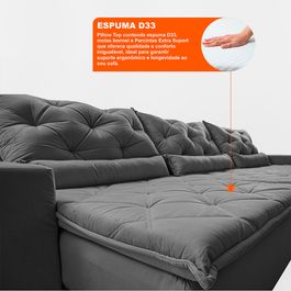 Sofá Lotus 3,52m Retrátil, Reclinável com Molas no Assento e Almofadas Lombar Velupluma Cinza