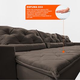 Sofá Lotus 3,82m Retrátil, Reclinável com Molas no Assento e Almofadas Lombar Velupluma Café