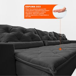 Sofá Lotus 3,52m Retrátil, Reclinável com Molas no Assento e Almofadas Lombar Velupluma Preto