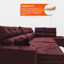 Sofa de Canto Retrátil e Reclinável com Molas Sofá inBox Kronnos Direito  3,40x2,36 Tecido Velupluma Vinho