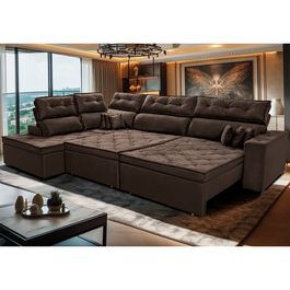 Sofa de Canto Retrátil e Reclinável com Molas Sofá inBox Kronnos Esquerdo 3,40x2,36 Tecido Velupluma Café
