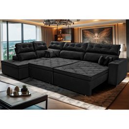 Sofa de Canto Retrátil e Reclinável com Molas Sofá inBox Kronnos Esquerdo 3,40x2,36 Tecido Velupluma Preto