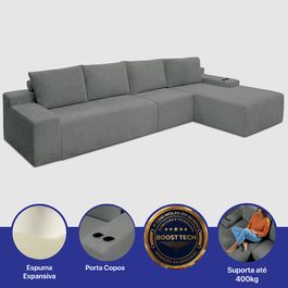 Sofá Modular Evo de 4 Lugares com Chaise Direita Velourê Cinza Escuro