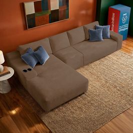 Sofá Modular Evo de 4 Lugares com Chaise Esquerda Velourê Marrom