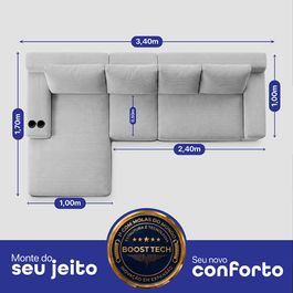 Sofá Modular Evo de 4 Lugares com Chaise Esquerda Velourê Cinza Claro